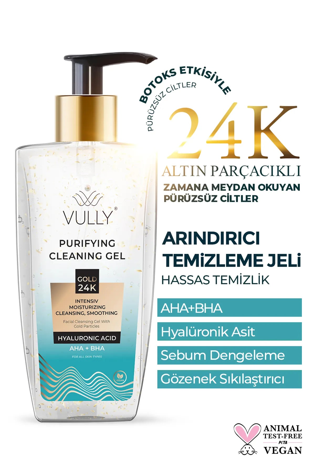 VULLY 24k Altın Parçacıklı Arındırıcı Nemlendirici Gözenek Sıkılaştırıcı Yüz Temizleme Jeli 200 Ml