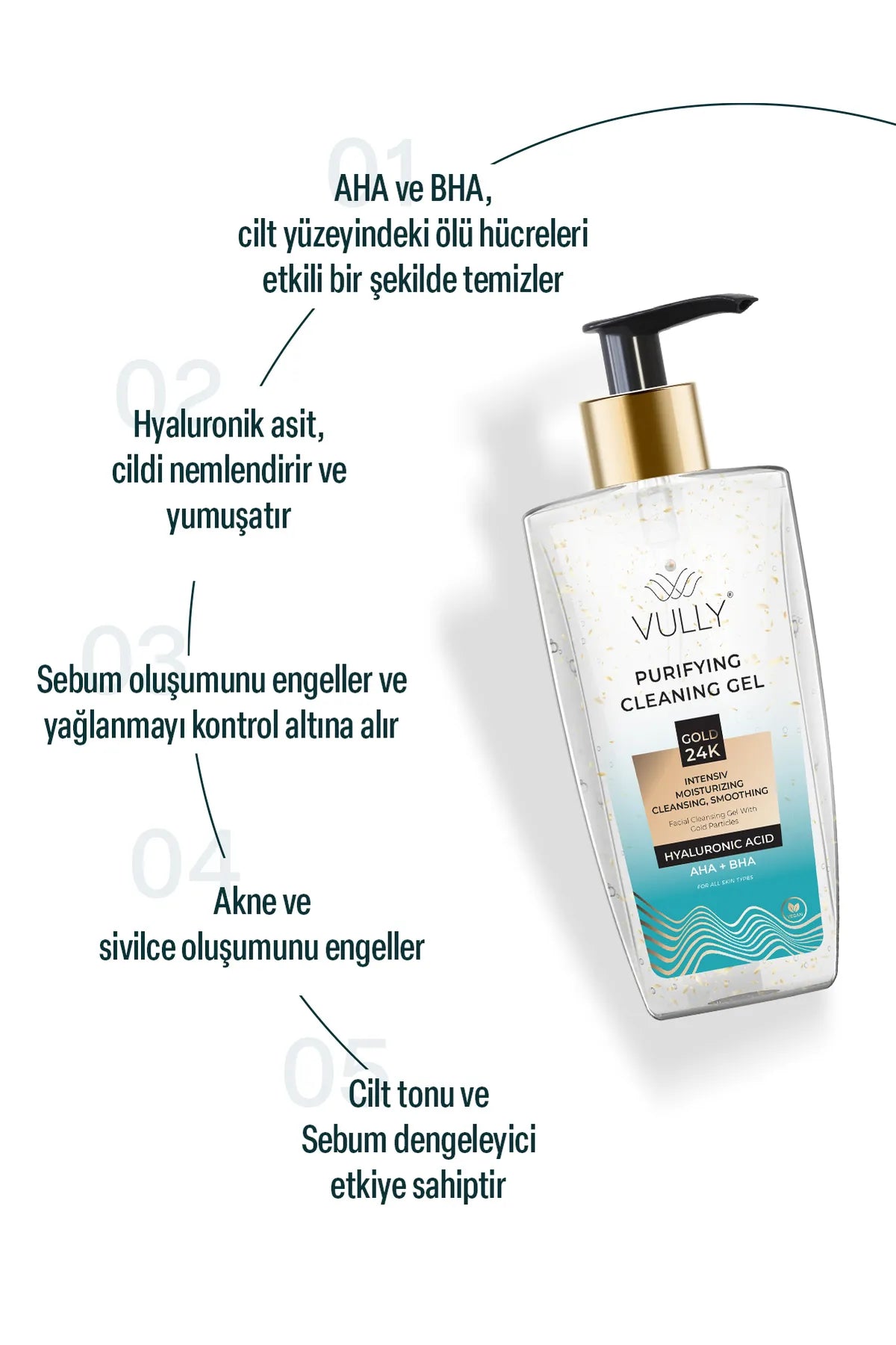 VULLY 24k Altın Parçacıklı Arındırıcı Nemlendirici Gözenek Sıkılaştırıcı Yüz Temizleme Jeli 200 Ml